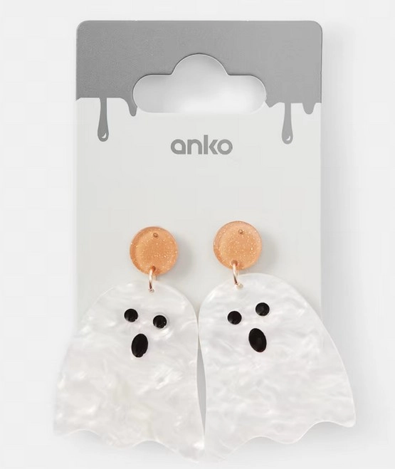 Halloween Ghost Drop Earrings - White, Orange and Gold Tone