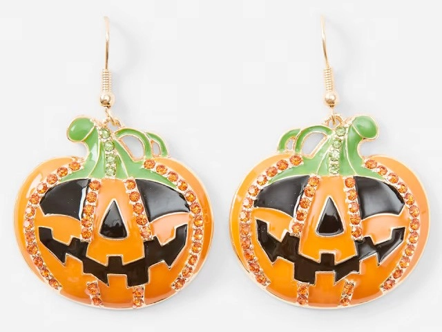 Halloween Pumpkin Drop Earrings - Orange, Green, Black and Gold Tone