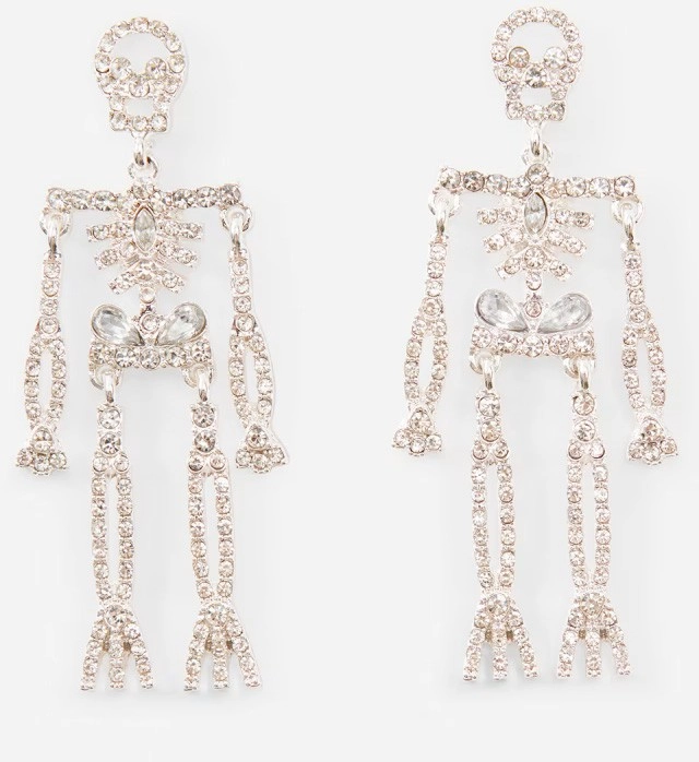 Halloween Skeleton Drop Earrings - Silver Tone