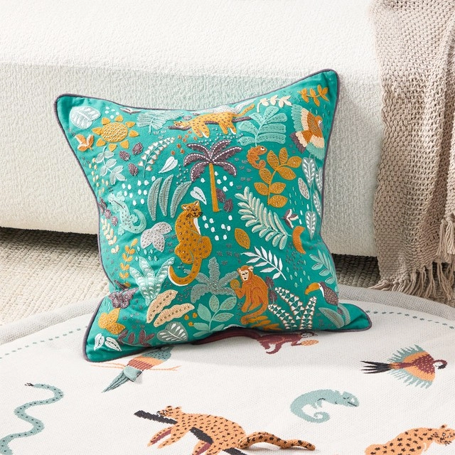 Kids Into the Jungle Embroidered Square Cushion by Pillow Talk