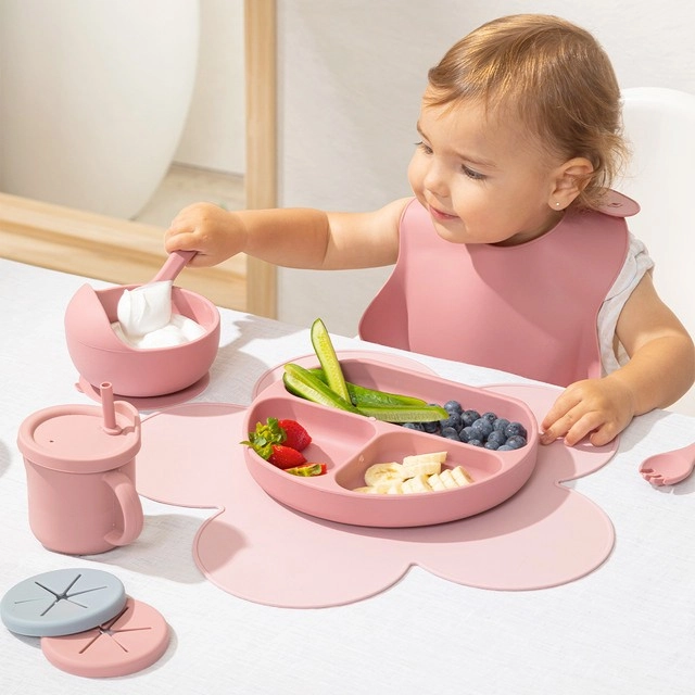 Kids Nino Raspberry Pink Silicone Dinner Set by Pillow Talk