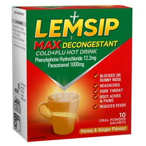 Lemsip Max Decongestant Cold & Flu Hot Drink Honey & Ginger Flavour 10 Sachets