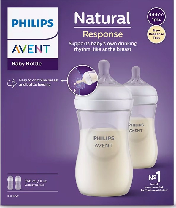 Avent Natural Response Baby Bottles 1 Month+ 260ml - 2 Pack