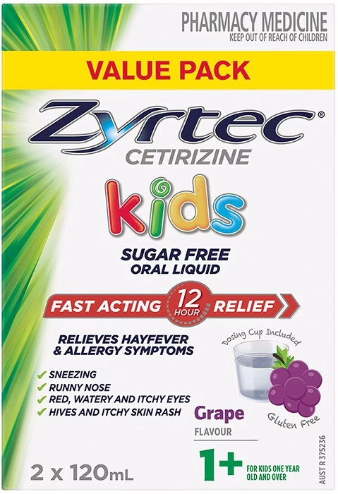 Zyrtec Kids Fast Acting Allergy & Hayfever Relief Grape Flavour Oral Liquid 2 x 120ml