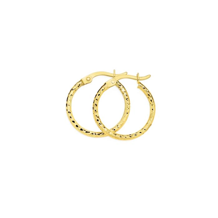 9ct Gold 15mm Diamond-cut Hoop Earrings