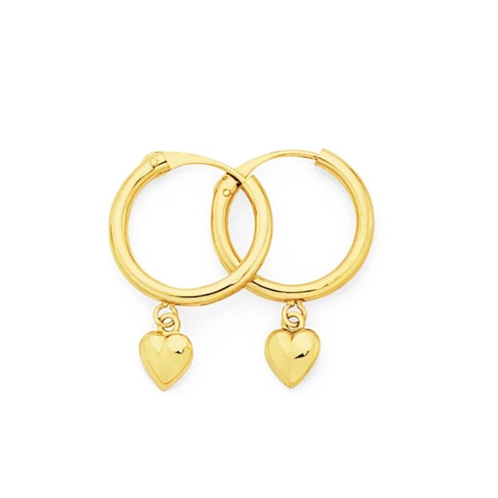 9ct Gold 1.5x10mm Heart Drop Hoop Earrings