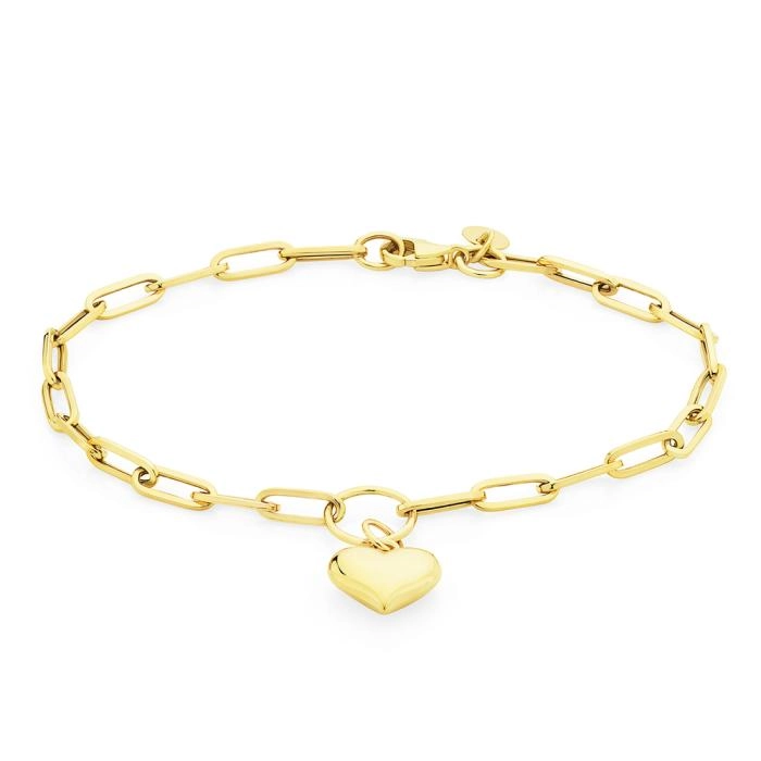 9ct Gold 18.5cm Paperclip with Heart Charm Bracelet