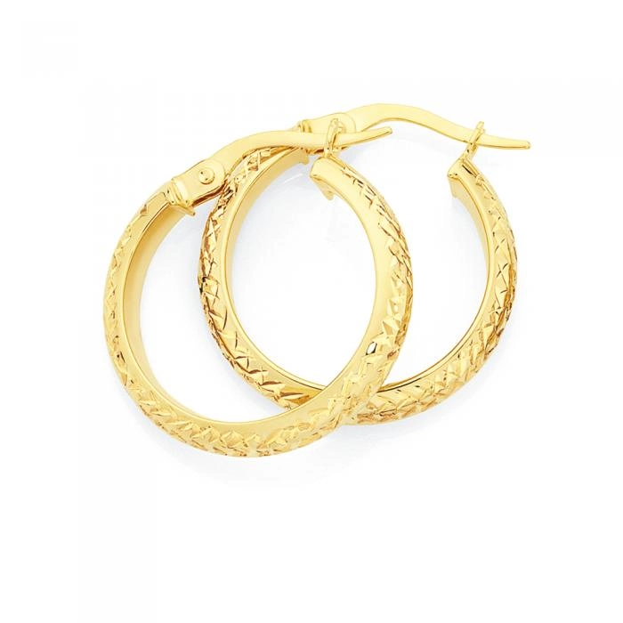 9ct Gold 3.5x15mm Diamond-cut Hoop Earrings