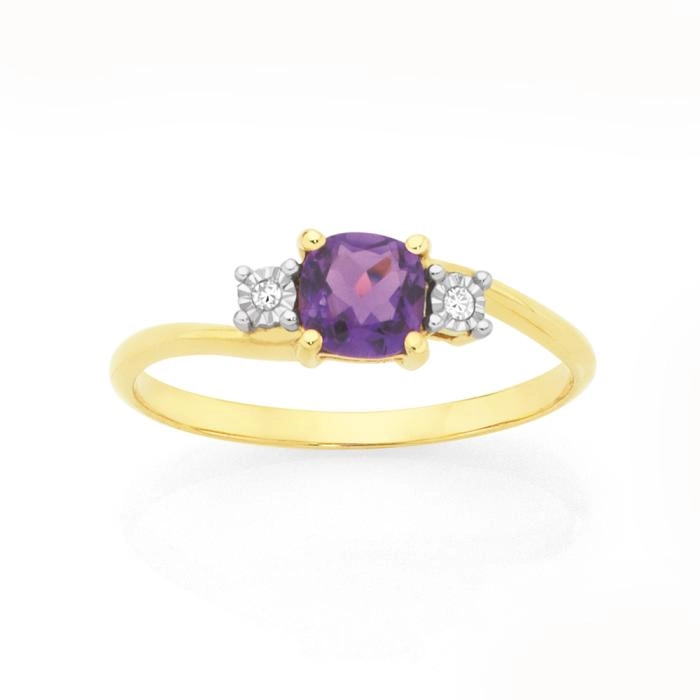 9ct Gold Amethyst & Miracle Set Diamond Ring