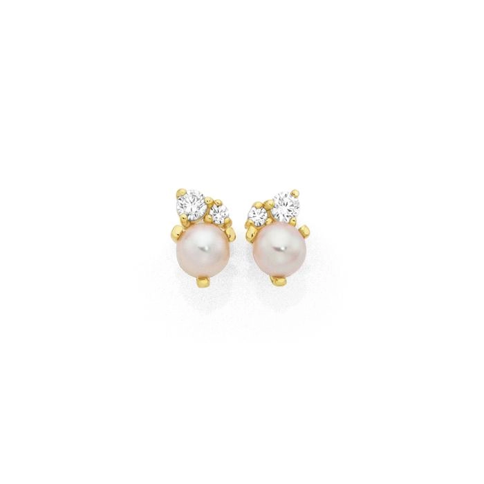 9ct Gold Cultured Freshwater Pearl & Cubic Zirconia Stud Earrings