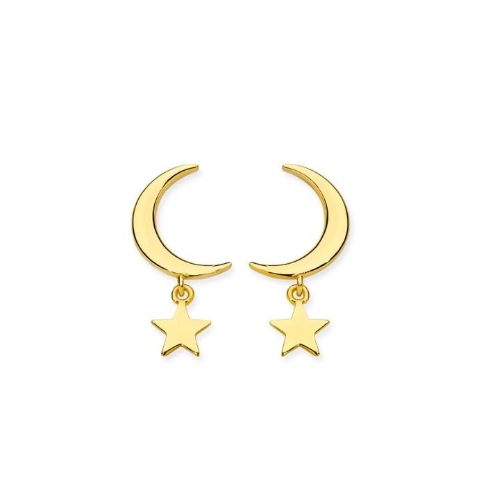 9ct Gold Moon & Star Drop Stud Earrings