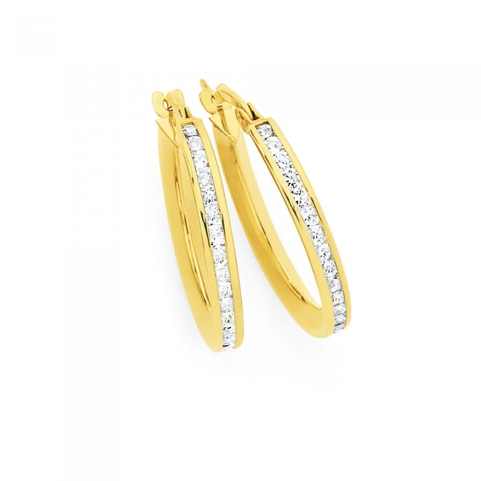 9ct Gold on Silver Cubic Zirconia 14mm Hoop Earrings