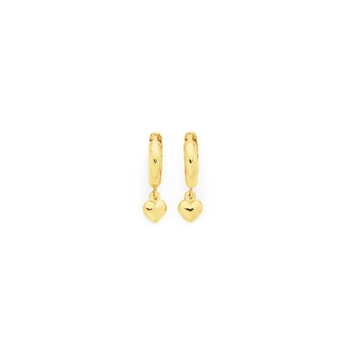 9ct Gold on Silver Heart Drop Huggie Earrings