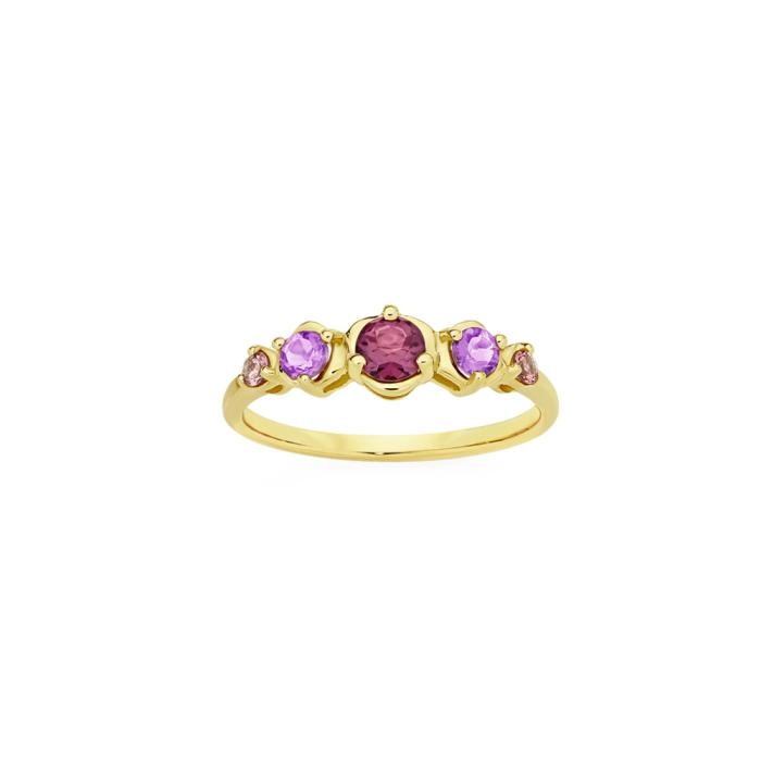 9ct Gold Rhodolite Garnet, Amethyst & Tourmaline Claw Set Band