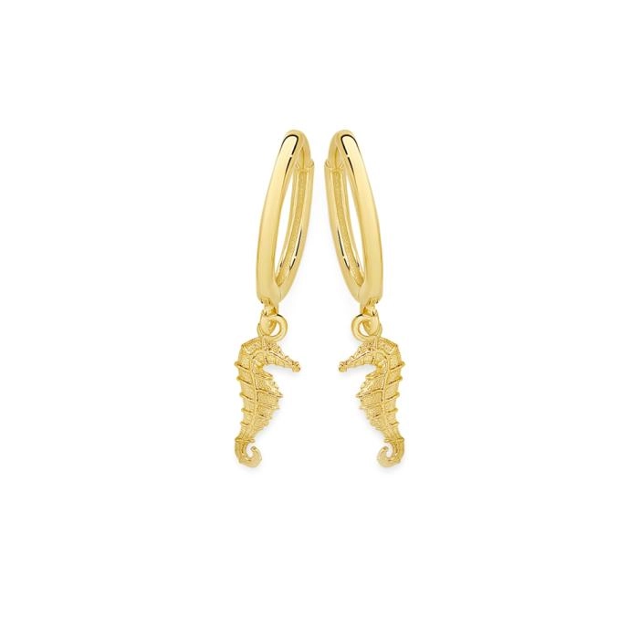 9ct Gold Seahorse Drop Huggie Earrings