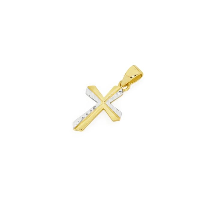 9ct Gold Two Tone 14mm Half Diamond-Cut Edge Fluted Cross Pendant