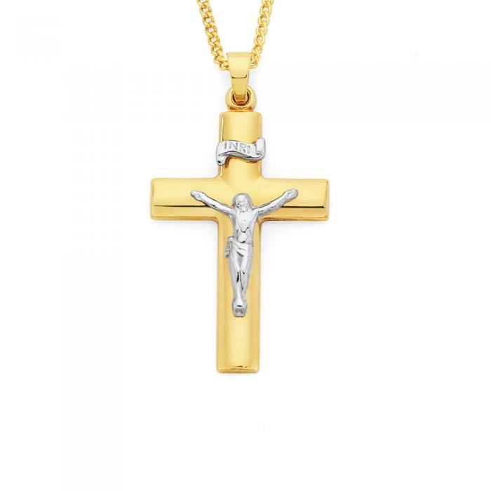 9ct Gold Two Tone Wide Crucifix 'Inri' Men's Pendant