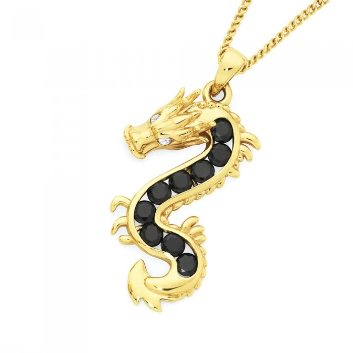 9ct Gold White & Black Cubic Zirconia Dragon Men's Pendant