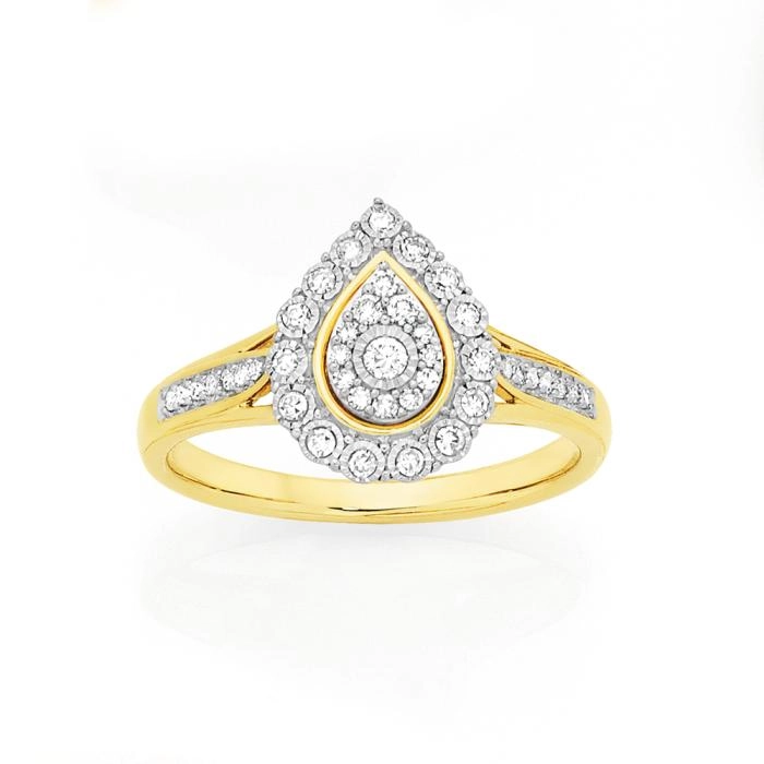 9ct Two Tone Gold Diamond Pear Cluster Ring