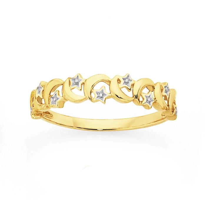 9ct Two Tone Gold Moon & Stars Dress Ring