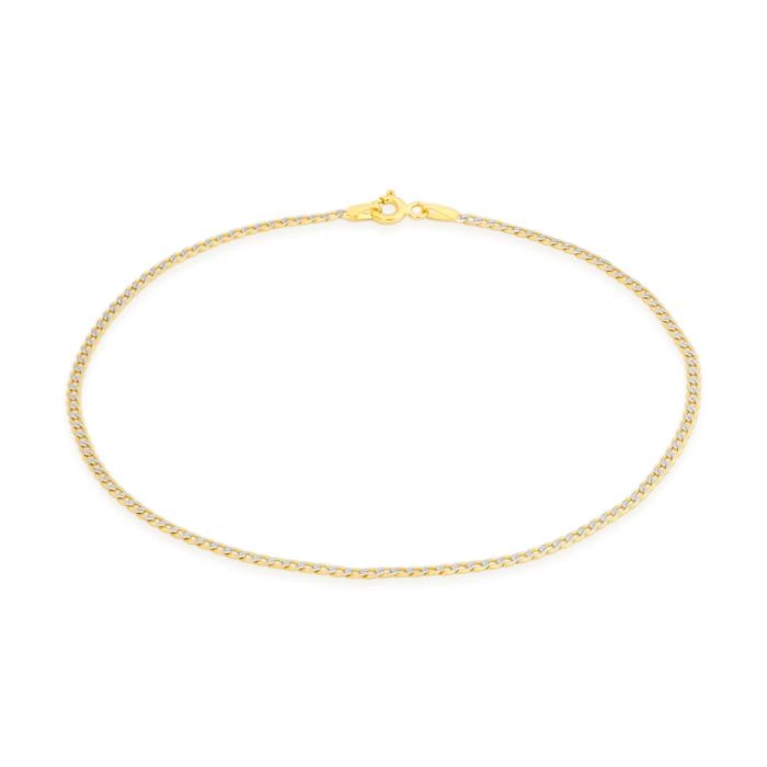 9ct Two Tone Gold Solid 25cm Diamond-Cut Curb Anklet