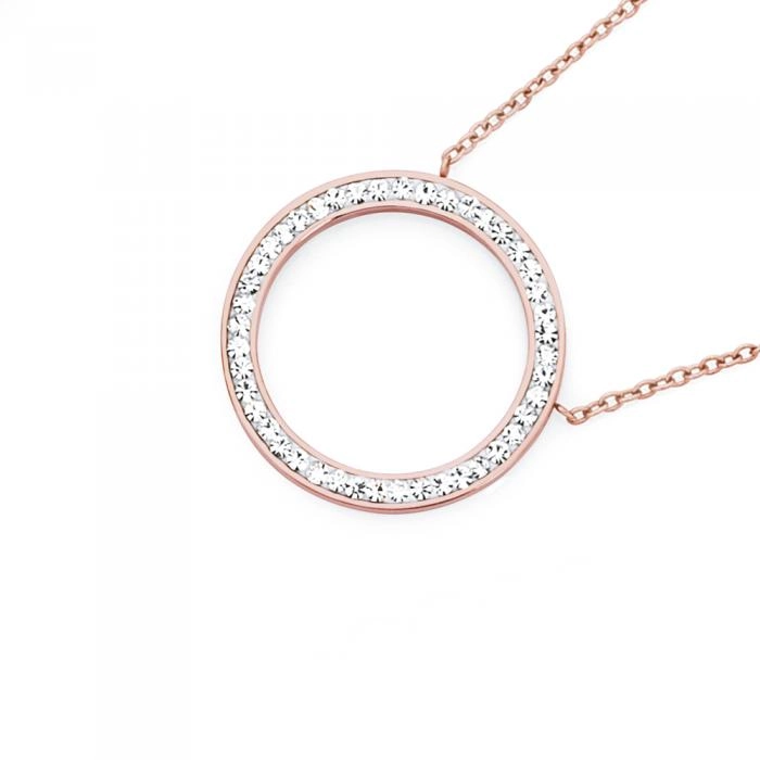 Stainless Steel Rose Plate Crystal Circle Necklace