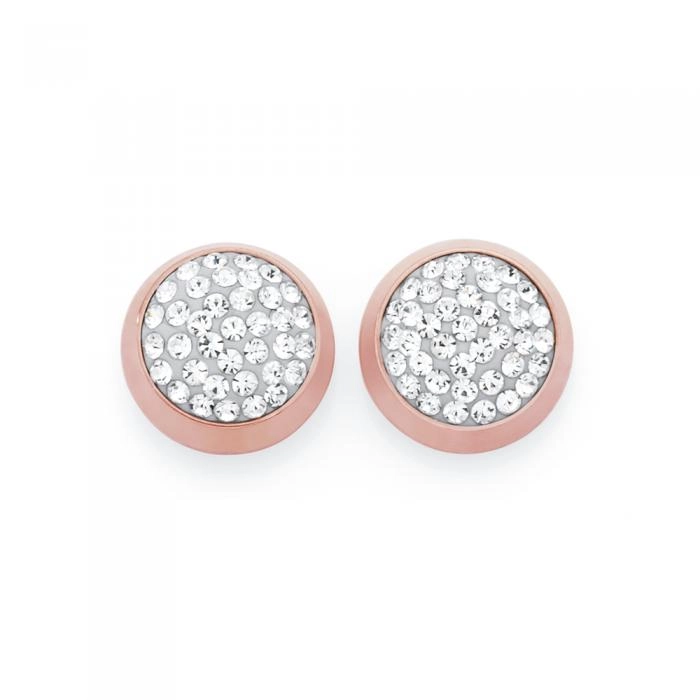 Stainless Steel Rose Plate Round Crystal Stud Earrings