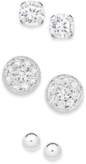 Sterling Silver Ball Cubic Zirconia Round & Pave Set Of 3 Stud Earrings