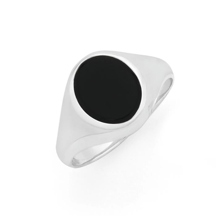 Sterling Silver Black Agate Oval Signet Men's Ring