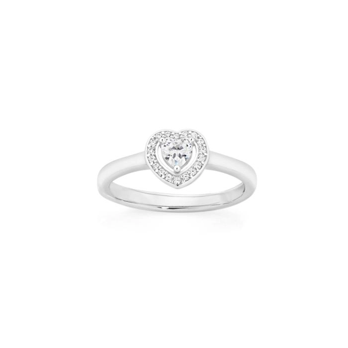 Sterling Silver Cubic Zirconia Heart with Halo Ring