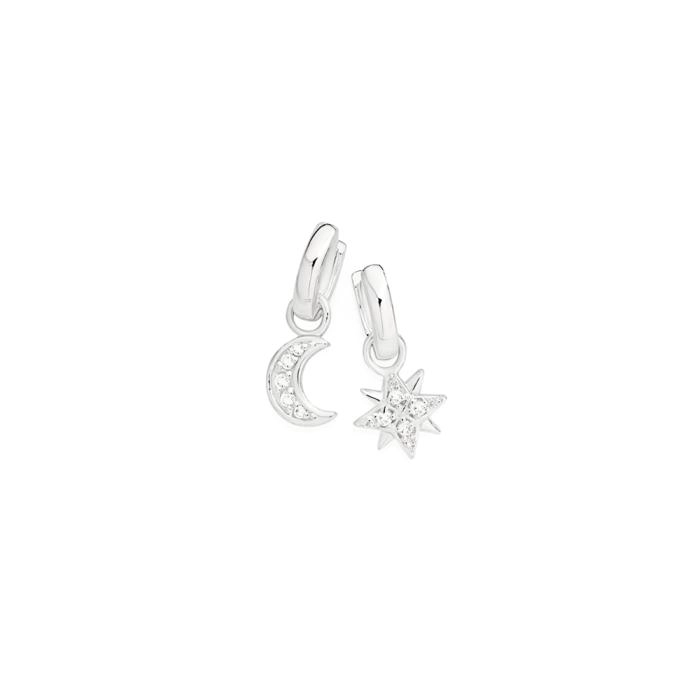 Sterling Silver Cubic Zirconia Moon & Star on Hoop Mismatched Earrings