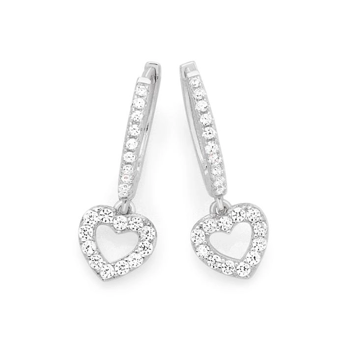 Sterling Silver Cubic Zirconia Open Heart On Cubic Zirconia Hoop Earrings