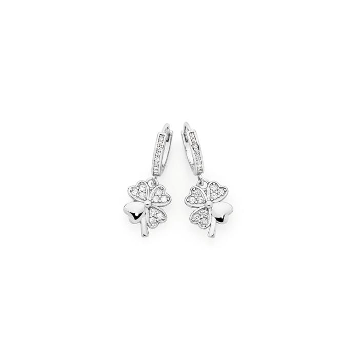 Sterling Silver Cubic Zirconia Pave Hearts 4 Leaf Clover On Cubic Zirconia Hoop Earrings