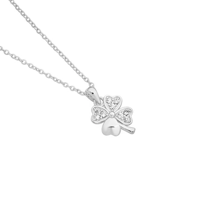 Sterling Silver Cubic Zirconia Pave Hearts 4 Leaf Clover Pendant