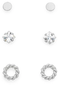 Sterling Silver Disc, Cubic Zirconia & Circle Twist Set Of 3 Stud Earrings