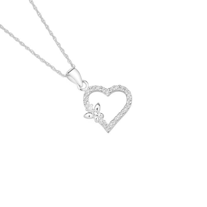 Sterling Silver Flutter Cubic Zirconia Open Heart With Butterfly Pendant