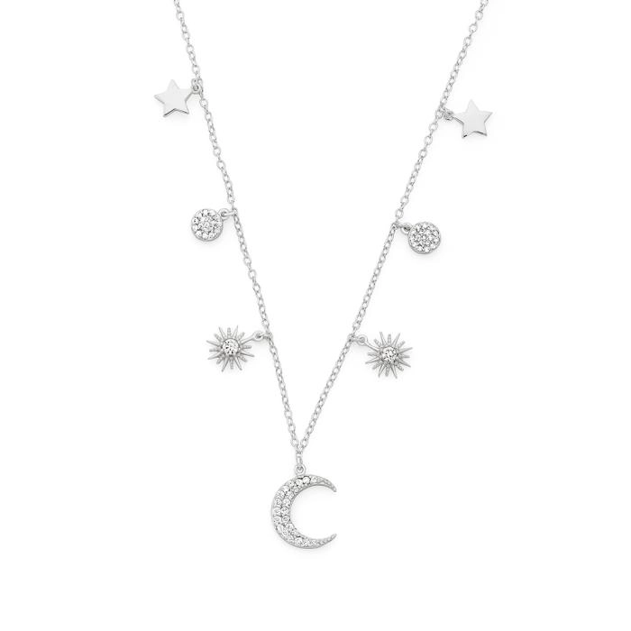 Sterling Silver Galaxy Cubic Zirconia Moon & Stars Necklet