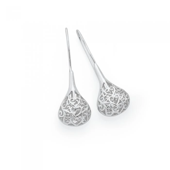 Sterling Silver Large Filigree Teardrop Hook Earrings