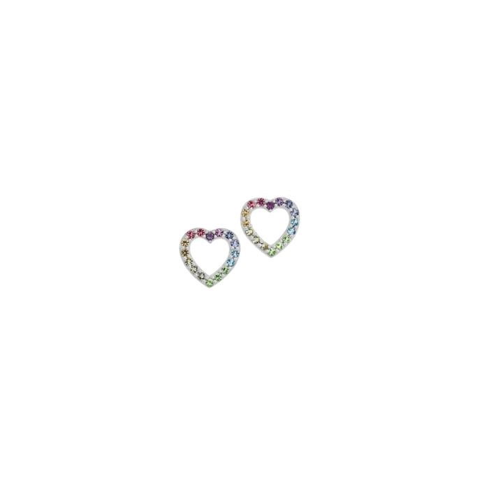 Sterling Silver Rainbow Crystal Open Heart Stud Earrings