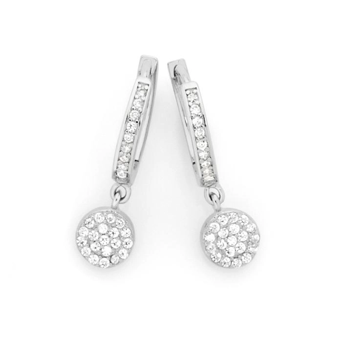 Sterling Silver Round Pave Cubic Zirconia Drop On Cubic Zirconia Hoop Earrings