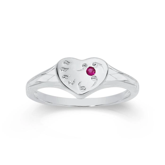 Sterling Silver Single Heart Red Cubic Zirconia Signet Ring