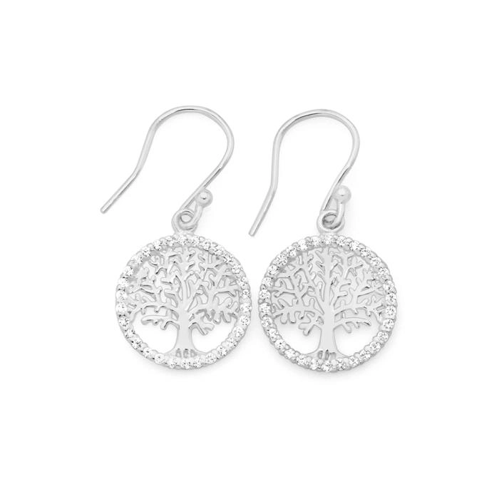 Sterling Silver Tree Of Life In Cubic Zirconia Circle Drop Earrings