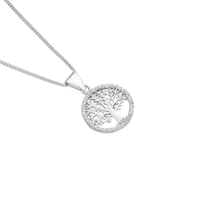 Sterling Silver Tree Of Life In Cubic Zirconia Circle Pendant