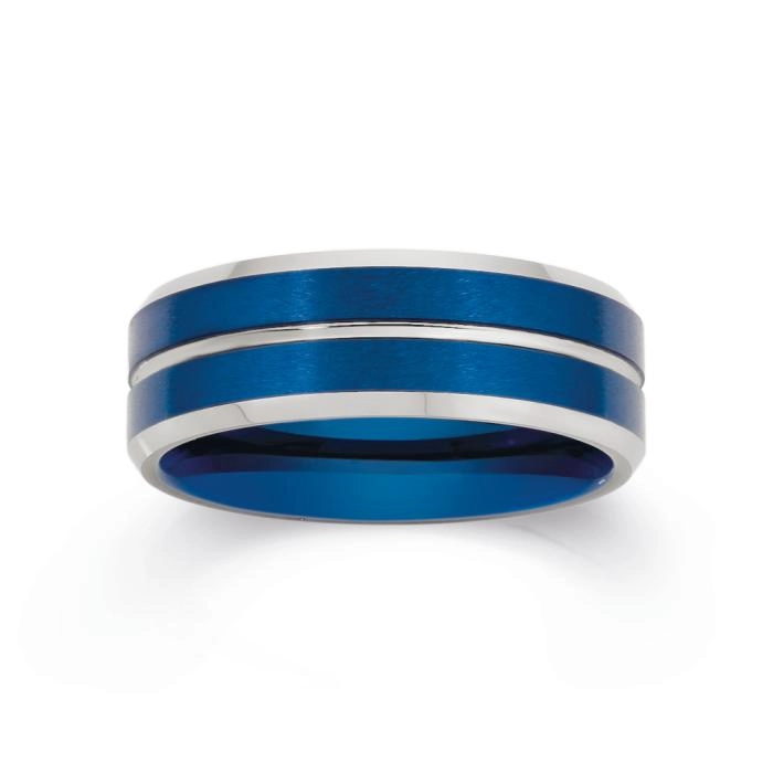 Tungsten Carbide Blue & Silver Stripes Men's Ring