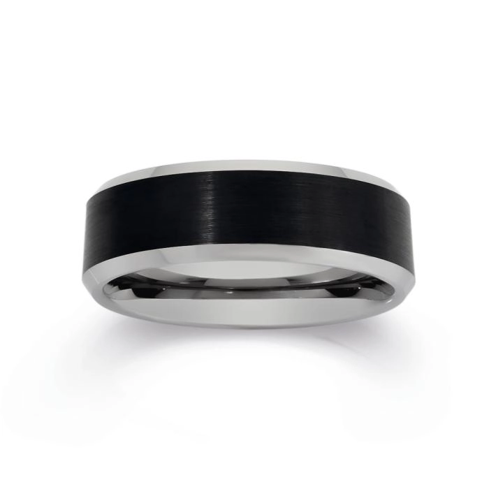 Tungsten Carbide Matt Black Silver Bevelled Edge Men's Ring