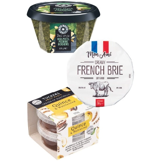 Red Rock Deli Dips 135g, Obela Hommus Dips 220g, Meredith Dairy Goat Cheese 80-100g, Mon Ami Brie or Camembert 125g or Tucker's Fruit Paste 120g