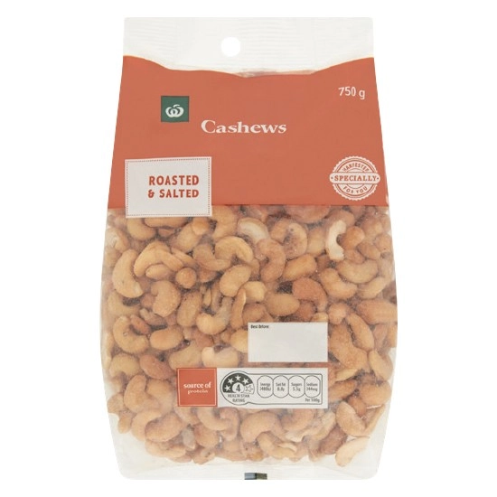 Woolworths Cashews Roasted Unsalted or Salted 750g Pack