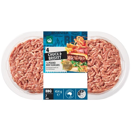 Woolworths Chuck & Brisket Quarter Pound Beef Burgers 454g Pk 4