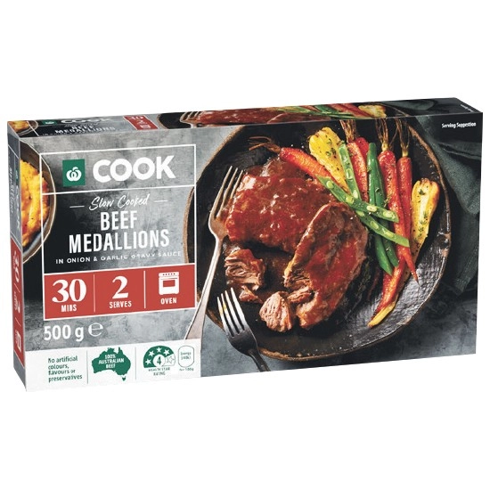 Woolworths COOK Slow Cooked Beef Medallions with Onion & Gravy 500g