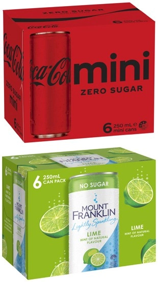 Coca-Cola Zero Sugar or Mt Franklin Mini Cans 6x250mL